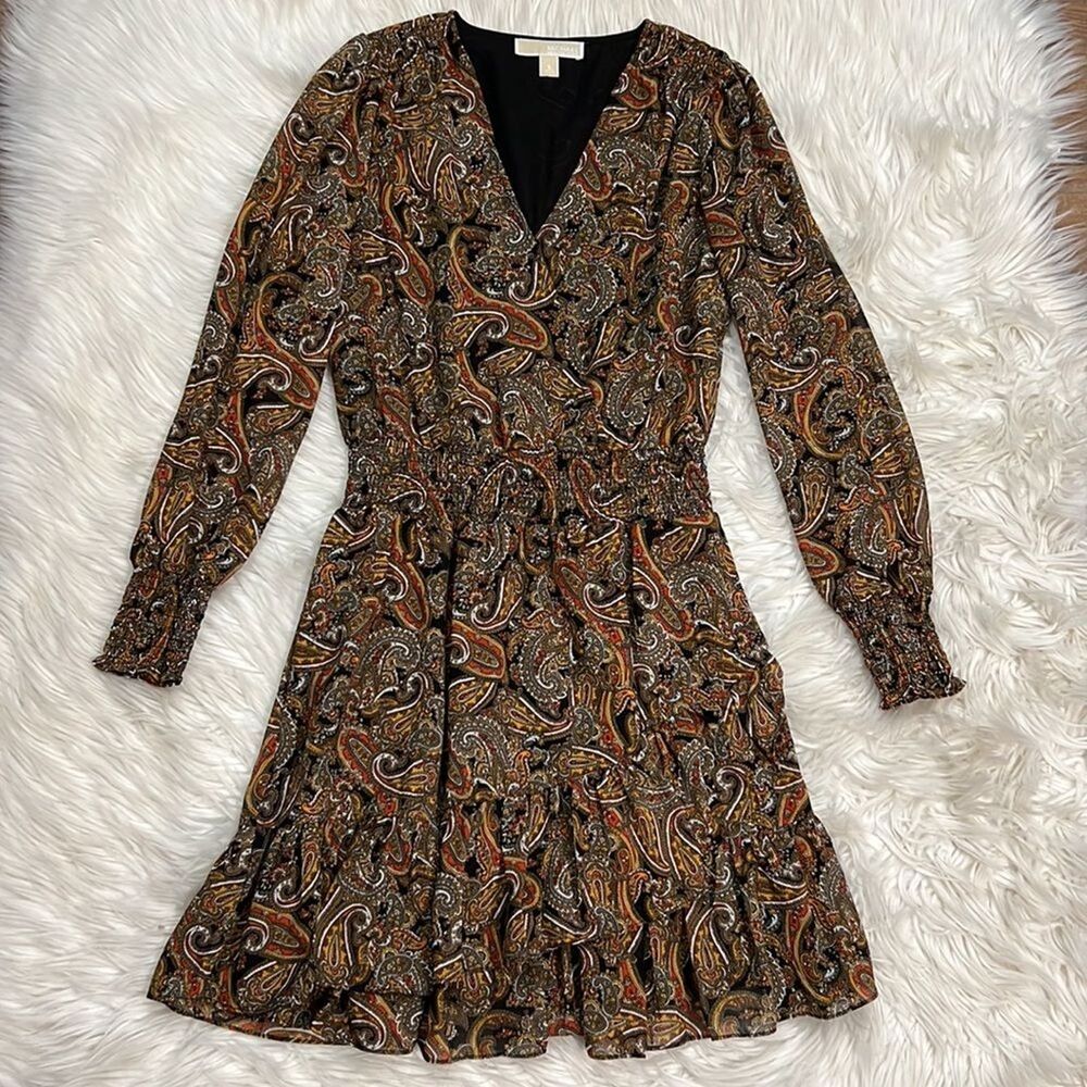 Michael Kors Paisley Boho Dress Smocked Waist Ruffle Hem Rustic Romance Size S - Picture 8 of 15